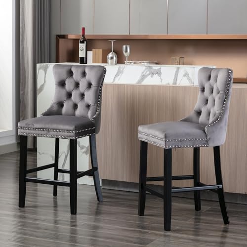 Lighluxy Moderne Barhocker mit Samtbezug, Knopfverzierung, Holzbeinen und Chrom-Nagelkopfverzierung, Barstühle im Freizeitstil, Barhocker, 2er-Set (grau) von Lighluxy