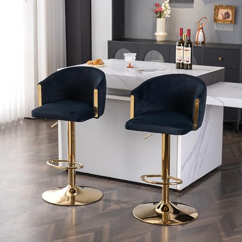Lighluxy Moderner drehbarer höhenverstellbarer Barhocker, moderner Barhocker für Küche, Bar und Restaurant Theken, Hubhocker mit Rückenlehne und Goldener Fußstütze (schwarz.Set of 2) von Lighluxy