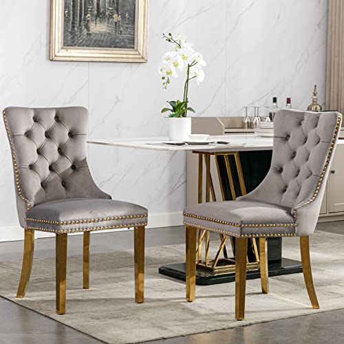 Lighluxy Moderner, hochwertiger, getufteter Esszimmerstuhl aus Massivholz mit zeitgenössischem Samtbezug, goldenen Edelstahlbeinen, Nagelkopfverzierung, 2er-Set, grau und Gold von Lighluxy