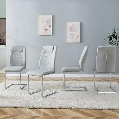 Lighluxy Nordic-Stil hellgrau PU Essstuhl (Vier Stühle in Einer Kiste) - Rücken mit Gitternäht Design, glänzende Silberne Metallbeine, rutschfeste Füße, einfache Vielseitigkeit von Lighluxy
