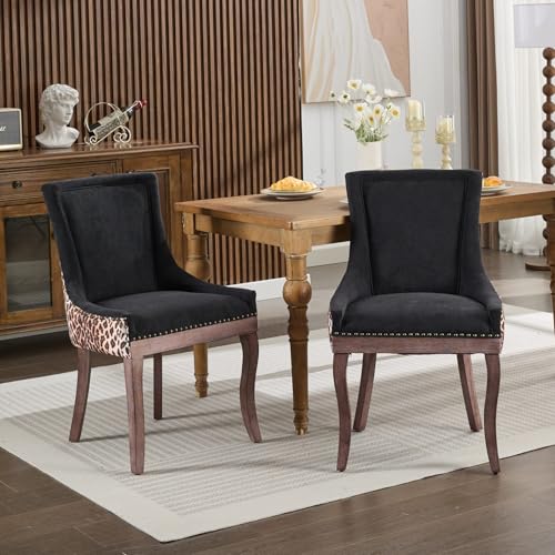 Lighluxy Ultra Side Dining Chair, Stühle aus dickem Stoff mit Beinen aus massivem Holz in neutralen Farbtönen, bronzene Nagelköpfe, 2er-Set, Leopardenmuster Lighluxy Ultra Side Dining Chair, Stühle aus dickem Stoff mit Beinen aus massivem Holz in neutralen Farbtönen, bronzene Nagelköpfe, 2er-Set, Leopardenmuster von Lighluxy