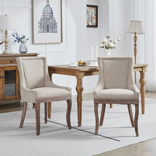 Lighluxy Ultra Side Dining Chair, Stühle aus dickem Stoff mit Beinen aus massivem Holz in neutralen Farbtönen, bronzene Nagelköpfe, 2er-Set, beige Lighluxy Ultra Side Dining Chair, Stühle aus dickem Stoff mit Beinen aus massivem Holz in neutralen Farbtönen, bronzene Nagelköpfe, 2er-Set, beige von Lighluxy