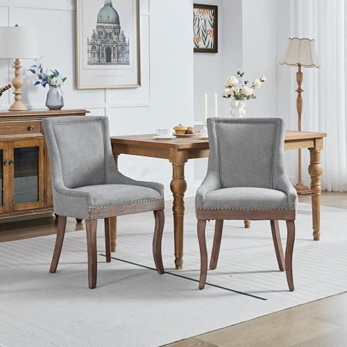 Lighluxy Ultra Side Dining Chair, Stühle aus dickem Stoff mit Beinen aus massivem Holz in neutralen Farbtönen, bronzene Nagelköpfe, 2er-Set, grau von Lighluxy
