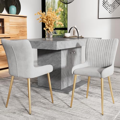 Samt-Esszimmerstuhl, 2er-Set, luxuriös, Wohnzimmer, Schlafzimmer, Lounge-Stuhl mit Vier Goldene Metallstützbeinen, Lendenwirbelstütze,Grau von Lighluxy