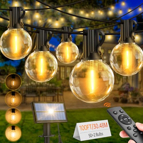 LED Solar Lichterkette Aussen 100FT 30.48M - 50+2 Lichterketten Außen G40 Glühbirnen IP65 Wetterfest Solarlichterkette mit Fernbedienung Outdoor für Garten Balkon Party Hochzeit von Light-Brightly