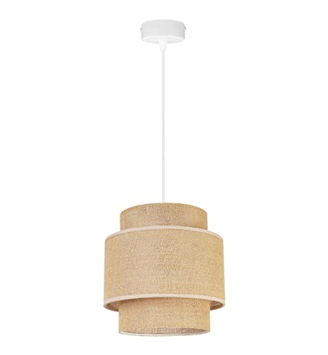 Light-Home Boho Hängelampe - Deckenlampe für Wohnzimmer Schlafzimmer und Esszimmer - Pendelleuchte aus Metall mit Lampenschirm aus Stoff - E27-1-Flammig - Weiß Basis und Jute von Light Home LH