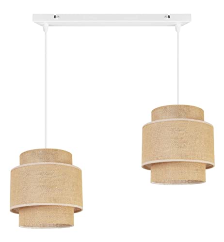 Light-Home Boho Hängelampe - Deckenlampe für Wohnzimmer Schlafzimmer und Esszimmer - Pendelleuchte aus Metall mit Lampenschirm aus Stoff - E27-2-Flammig - Weiß Basis und Jute von Light Home LH