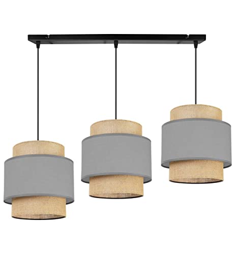 Light-Home Boho Hängelampe - Deckenlampe für Wohnzimmer Schlafzimmer und Esszimmer - Pendelleuchte aus Metall mit Lampenschirm aus Stoff - E27-3-Flammig - Grau und Jute von Light Home LH