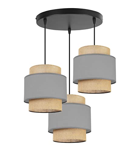 Light-Home Boho Hängelampe - Deckenlampe für Wohnzimmer Schlafzimmer und Esszimmer - Pendelleuchte aus Metall mit Lampenschirm aus Stoff - E27-3-Flammig Oval - Grau und Jute von Light Home LH