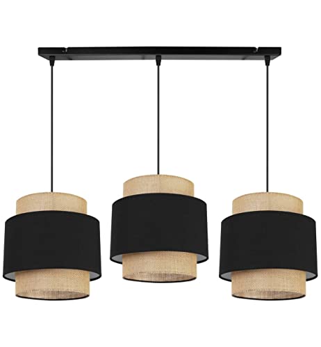 Light-Home Boho Hängelampe - Deckenlampe für Wohnzimmer Schlafzimmer und Esszimmer - Pendelleuchte aus Metall mit Lampenschirm aus Stoff - E27-3-Flammig - Schwarz und Jute von Light Home LH