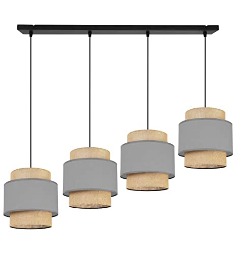 Light-Home Boho Hängelampe - Deckenlampe für Wohnzimmer Schlafzimmer und Esszimmer - Pendelleuchte aus Metall mit Lampenschirm aus Stoff - E27-4-Flammig - Grau und Jute von Light Home LH