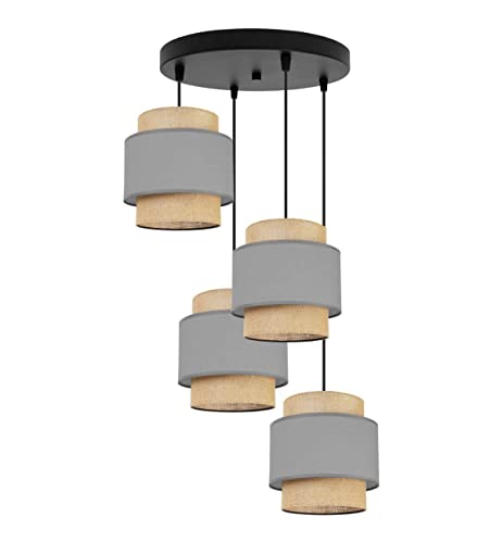 Light-Home Boho Hängelampe - Deckenlampe für Wohnzimmer Schlafzimmer und Esszimmer - Pendelleuchte aus Metall mit Lampenschirm aus Stoff - E27-4-Flammig Oval - Grau und Jute von Light Home LH