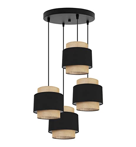 Light-Home Boho Hängelampe - Deckenlampe für Wohnzimmer Schlafzimmer und Esszimmer - Pendelleuchte aus Metall mit Lampenschirm aus Stoff - E27-4-Flammig Oval - Schwarz und Jute von Light Home LH