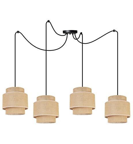 Light-Home Boho Hängelampe - Rattan Lampe - Deckenlampe für Wohnzimmer Schlafzimmer und Esszimmer - Pendelleuchte aus Metall mit Lampenschirm aus Stoff - E27-4-Flammig - Schwarz Basis und Jute von Light Home LH