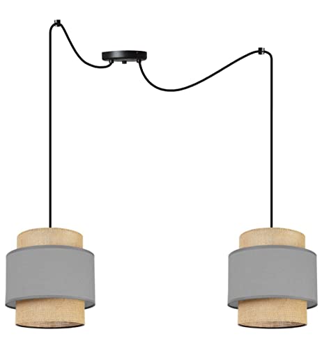 Light-Home Boho Hängelampe - Rattan Lampe - Deckenlampe für Wohnzimmer Schlafzimmer und Esszimmer - Pendelleuchte aus Metall mit Lampenschirm aus Stoff - E27-2-Flammig - Grau und Jute von Light Home LH