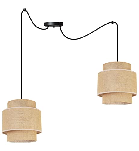 Light-Home Boho Hängelampe - Rattan Lampe - Deckenlampe für Wohnzimmer Schlafzimmer und Esszimmer - Pendelleuchte aus Metall mit Lampenschirm aus Stoff - E27-2-Flammig - Schwarz Basis und Jute von Light Home LH