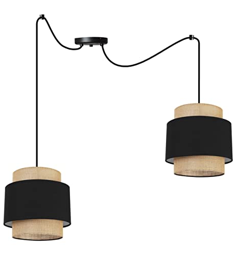 Light-Home Boho Hängelampe - Rattan Lampe - Deckenlampe für Wohnzimmer Schlafzimmer und Esszimmer - Pendelleuchte aus Metall mit Lampenschirm aus Stoff - E27-2-Flammig - Schwarz und Jute von Light Home LH