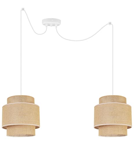 Light-Home Boho Hängelampe - Rattan Lampe - Deckenlampe für Wohnzimmer Schlafzimmer und Esszimmer - Pendelleuchte aus Metall mit Lampenschirm aus Stoff - E27-2-Flammig - Weiß Basis und Jute von Light Home LH