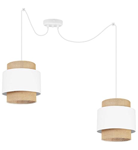 Light-Home Boho Hängelampe - Rattan Lampe - Deckenlampe für Wohnzimmer Schlafzimmer und Esszimmer - Pendelleuchte aus Metall mit Lampenschirm aus Stoff - E27-2-Flammig - Weiß und Jute von Light Home LH