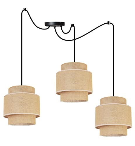 Light-Home Boho Hängelampe - Rattan Lampe - Deckenlampe für Wohnzimmer Schlafzimmer und Esszimmer - Pendelleuchte aus Metall mit Lampenschirm aus Stoff - E27-3-Flammig - Schwarz Basis und Jute von Light Home LH