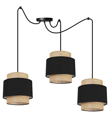 Light-Home Boho Hängelampe - Rattan Lampe - Deckenlampe für Wohnzimmer Schlafzimmer und Esszimmer - Pendelleuchte aus Metall mit Lampenschirm aus Stoff - E27-3-Flammig - Schwarz und Jute von Light Home LH