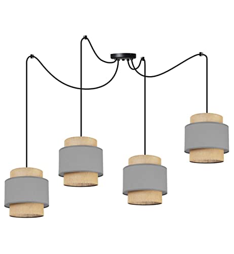 Light-Home Boho Hängelampe - Rattan Lampe - Deckenlampe für Wohnzimmer Schlafzimmer und Esszimmer - Pendelleuchte aus Metall mit Lampenschirm aus Stoff - E27-4-Flammig - Grau und Jute von Light Home LH