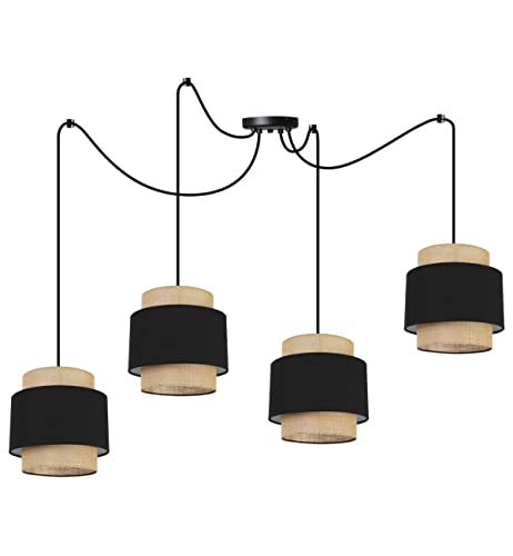 Light-Home Boho Hängelampe - Rattan Lampe - Deckenlampe für Wohnzimmer Schlafzimmer und Esszimmer - Pendelleuchte aus Metall mit Lampenschirm aus Stoff - E27-4-Flammig - Schwarz und Jute von Light Home LH