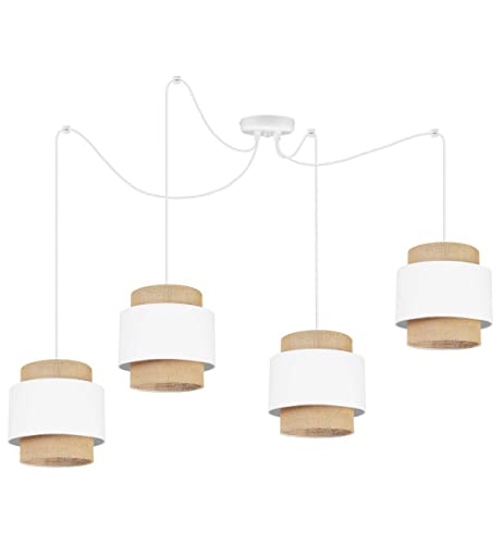 Light-Home Boho Hängelampe - Rattan Lampe - Deckenlampe für Wohnzimmer Schlafzimmer und Esszimmer - Pendelleuchte aus Metall mit Lampenschirm aus Stoff - E27-4-Flammig - Weiß und Jute von Light Home LH