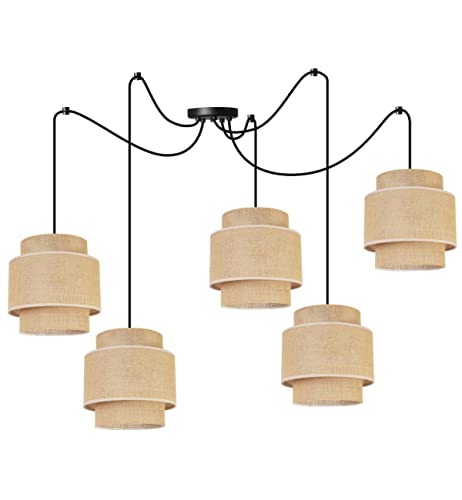 Light-Home Boho Hängelampe - Rattan Lampe - Deckenlampe für Wohnzimmer Schlafzimmer und Esszimmer - Pendelleuchte aus Metall mit Lampenschirm aus Stoff - E27-5-Flammig - Schwarz Basis und Jute von Light Home LH