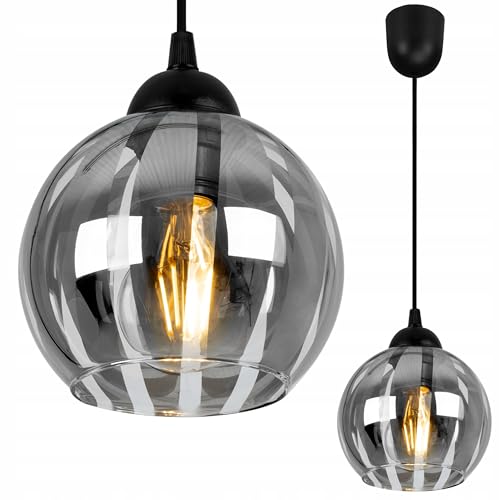 Light-Home Eliza Deckenleuchte Hängelampe - Deckenleuchter für Schlafzimmer Wohnzimmer und Küche im Glamour Stil modern E27 - Lampenschirm Kugel Rauchglas grau - Sockel schwarz von Light Home LH