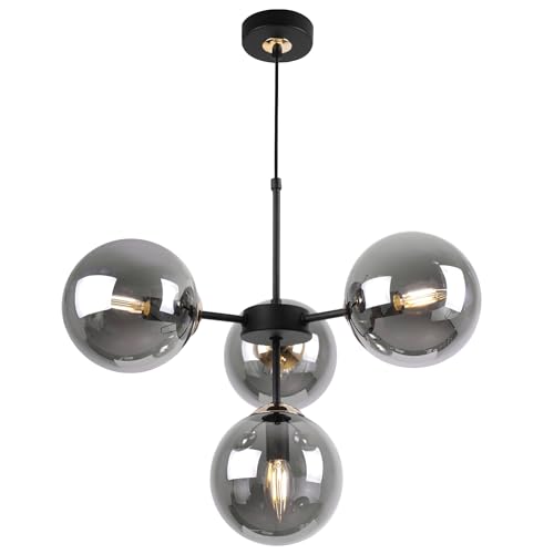 Light-Home Imperia Hängelampe - Deckenlampe für Wohnzimmer Schlafzimmer und Esszimmer- Pendelleuchte aus Metall und Glas - E14-4-Flammig - Schwarz Gold Basis und Dunkelgrau von Light Home LH