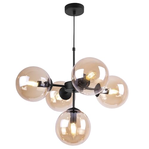 Light-Home Imperia Hängelampe - Deckenlampe für Wohnzimmer Schlafzimmer und Esszimmer- Pendelleuchte aus Metall und Glas - E14-5-Flammig - Schwarz Basis und Gold von Light Home LH