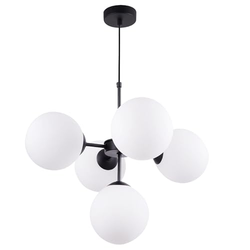 Light-Home Imperia Hängelampe - Deckenlampe für Wohnzimmer Schlafzimmer und Esszimmer- Pendelleuchte aus Metall und Glas - E14-5-Flammig - Schwarz Basis und Weiß von Light Home LH