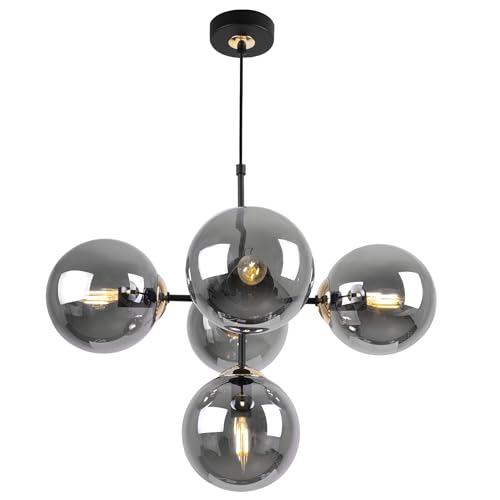 Light-Home Imperia Hängelampe - Deckenlampe für Wohnzimmer Schlafzimmer und Esszimmer- Pendelleuchte aus Metall und Glas - E14-5-Flammig - Schwarz Gold Basis und Dunkelgrau von Light Home LH