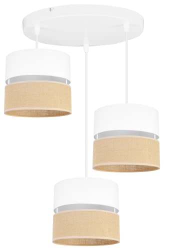 Light-Home Juta Hängelampe - Deckenlampe - Pendelleuchte aus Metall mit Lampenschirm aus Stoff - E27 - Oval 3-Flammig 20 cm - Weiß Untersatz - Jute Weiß von Light Home LH