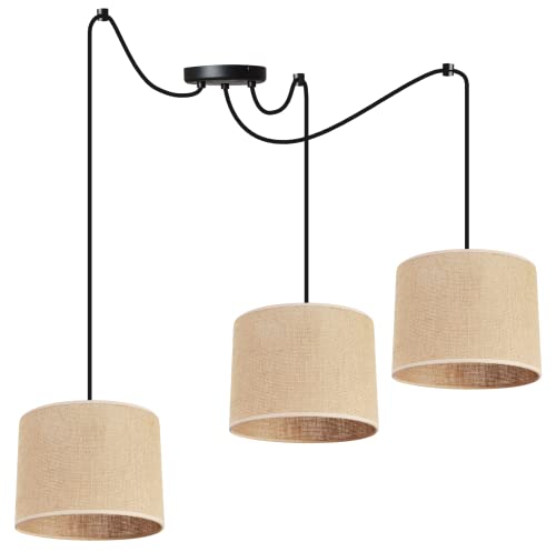 Light-Home Juta Hängelampe - Deckenlampe - Pendelleuchte aus Metall mit Lampenschirm aus Stoff - E27 - Hängeleuchten Spider 3-Flammig 20 cm - Schwarz Untersatz - Jute von Light Home LH