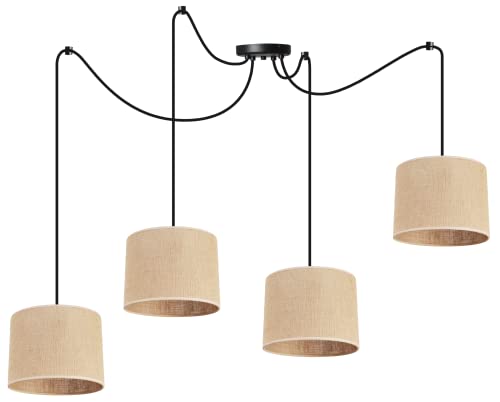 Light-Home Juta Hängelampe - Deckenlampe - Pendelleuchte aus Metall mit Lampenschirm aus Stoff - E27 - Hängeleuchten Spider 4-Flammig 20 cm - Schwarz Untersatz - Jute von Light Home LH