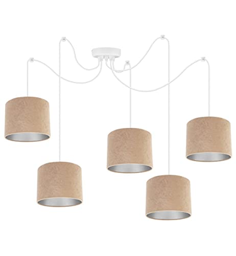 Light-Home Milan Spider Hängelampe - Hängeleuchte in Spinnenform - Deckenlampe – Spinne Lampe mit 5 Kopf - Hängeleuchte aus Metall und Stoff - E27 - Beige und Silber - Weißes Kabel von Light Home LH