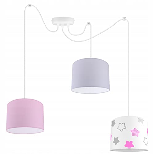 Light-Home - DIUNA Hängelampe - Deckenlampe - Pendelleuchte aus Metall mit Lampenschirm aus Stoff - Hängeleuchte für Schlafzimmer - E27-3-Flammig - Rosa Grau und Sterne von Light Home LH