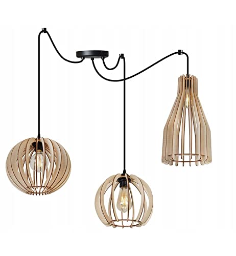 Light-Home Timber Spider Hängelampe - Hängeleuchte in Spinnenform - Deckenlampe für Wohnzimmer Schlafzimmer und Esszimmer – Spinne Lampe mit 3 Kopf - Pendelleuchte aus Metall und Holz - E27 - Mix I von Light Home LH