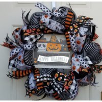 Halloween Deko Mesh Kranz, Happy Truck Schild, Black &white Buffalo Check, Gingham, Polka Dot von LightShinerCreations