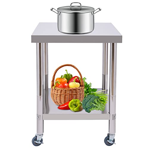 Arbeitstisc, 2 Ebenen Edelstahl Catering Arbeitstisch kommerzielle Heavy Duty Food Prep Worktable 300 kg für Belastbarkeit mit 4 Rollen für Küche Bar Restaurantar (mit Rollen 60 * 60 * 85 cm) von Lightakai