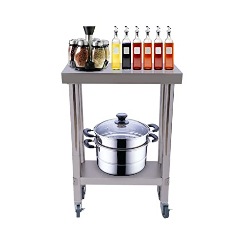 Lightakai Arbeitstisc, 2 Ebenen Edelstahl Catering Arbeitstisch kommerzielle Heavy Duty Food Prep Worktable 300 kg für Belastbarkeit mit 4 Rollen für Küche Bar Restaurantar, 60 * 45 * 85 cm von Lightakai