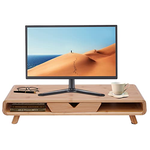 Lightakai - Holz Monitorständer, Multifunktional Bambus Schreibtischaufsatz Monitorerhöhung Bildschirm PC-Ständer mit Schublade für Haushalt und Büro, Original Holzfarbe von Lightakai