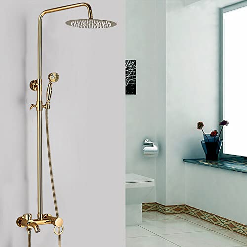 Wandmontage Duscharmatur Set, Wand-Montage Dusch Armatur Wasserhahn Zwei Griffe Höhenverstellbar 70~120cm mit Regendusche Handbrause Kopf und Badewannenarmatur für Badezimmer, Gold von Lightakai