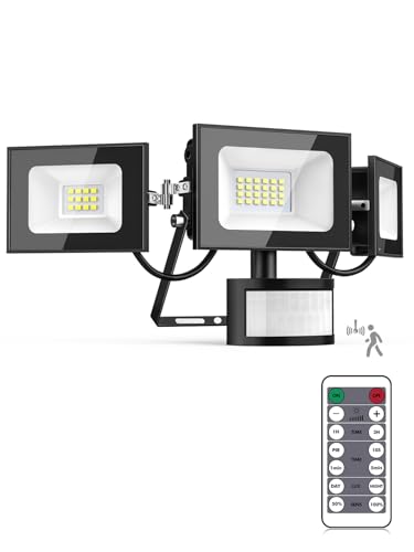 Lightasea LED Strahler mit Bewegungsmelder außen, 50W 5000LM Außenstrahler mit Verstellbaren 3 Köpfe, 6500K Kaltweiß LED Scheinwerfer mit Fernbedienung, IP65 Wasserdicht Flutlicht für Garage, Hof von Lightasea