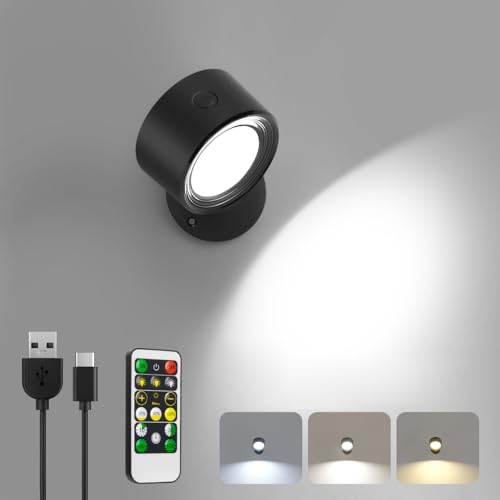 LED Wandleuchte Innen, 1 Stück Akku Wandlampe mit Fernbedienung Kabellos Leselampe, 3 Farbmodi Dimmbar Nachttischlampe Wandlicht, 360° Drehbare Aufladbare Leuchten für Treppe Wohnzimmer Schlafzimmer von Lightbiz
