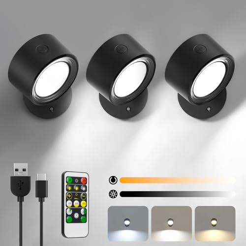 LED Wandleuchte Innen, 3 Stück Akku Wandlampe mit Fernbedienung Kabellos Leselampe, 3 Farbmodi Dimmbar Nachttischlampe Wandlicht, 360° Drehbare Aufladbare Leuchten für Treppe Wohnzimmer Schlafzimmer von Lightbiz