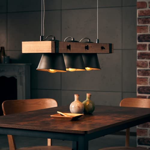 3 flammige H�ngelampe - Pendelleuchte f�r Esstische geeignet - K�pfe sind schwenkbar und in der H�he k�rzbar - Metall/Holz Schwarz - 70cm Breite von Lightbox