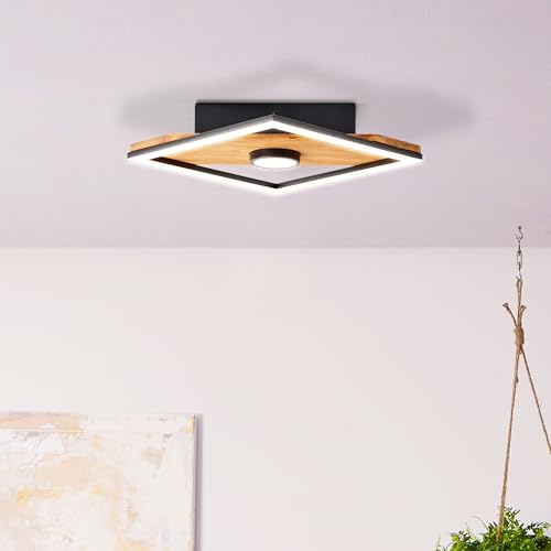 LED Deckenlampe im Nature Stil - Deckenleuchte mit Holzakzenten - Lichtfarbe: 3000K und Helligkeit: 1600lm - 25 cm Länge x 25 cm Breite - aus Holz/Metall/Kunststoff in Schwarz/Holz von Lightbox